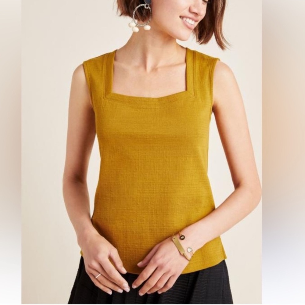 Anthropologie Sleeveless Textured Square Neck in Gold Camel Tan Brown Size S